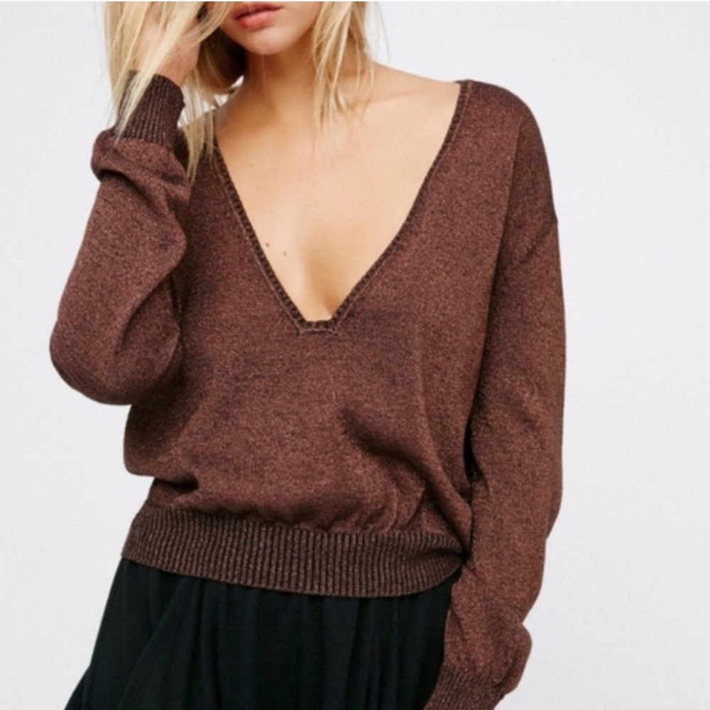 Free People Gold Dust Pullover Sweater in Brown Size Large